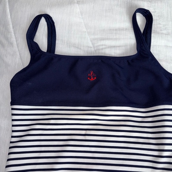 POLO SPORT Ralph Lauren One Piece Swimsuit Navy White Stripe Anchor Logo - Picture 2 of 9